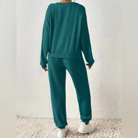Teal V-Neck Ribbed Lounge Set - Picture 5 of 5